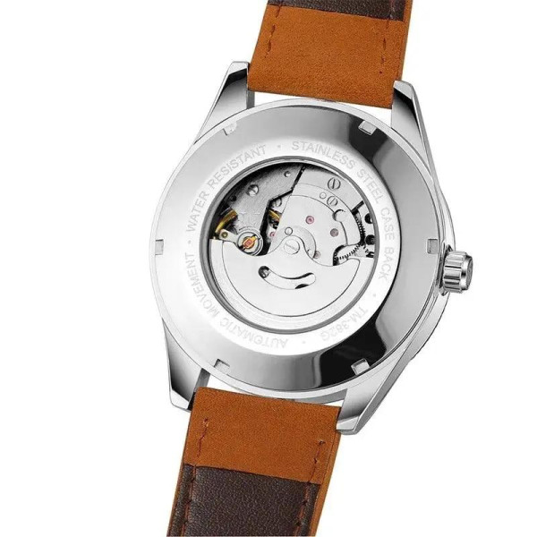 Мужские механические часы Forsining 8270 Silver-Black с кожаным корешком