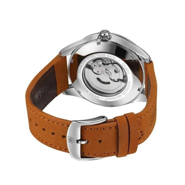 Мужские механические часы Forsining 8270 Silver-Black с кожаным корешком