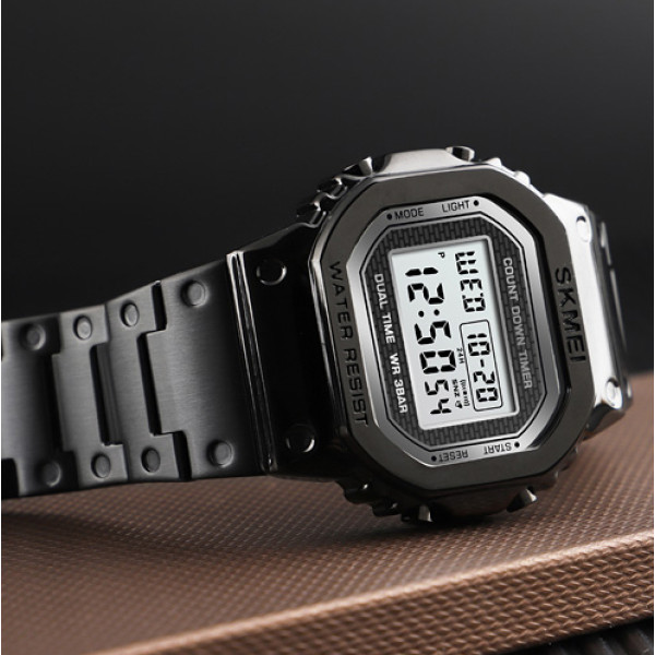 Чоловічий електронний годинник Skmei 1456BK Black у металевому корпусі