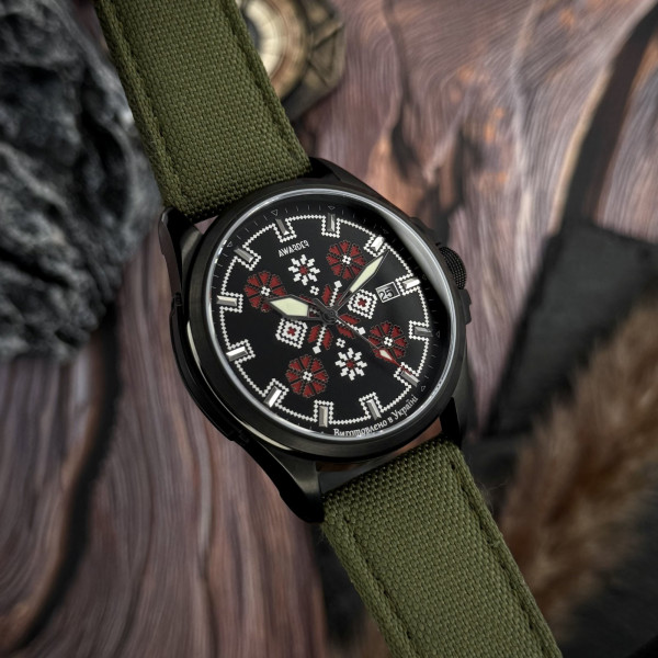 Чоловічий годинник Awarder Embroidery Black-Red Green Automatic 10ATM сапфір