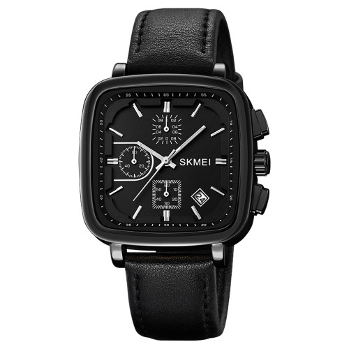 Чоловічий кварцовий годинник Skmei 2182BKSI Black-Silver зі шкіряним ремінцем