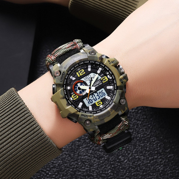 Мужские тактические часы Skmei 1283NCMAG Camo Green с компасом и паракордом