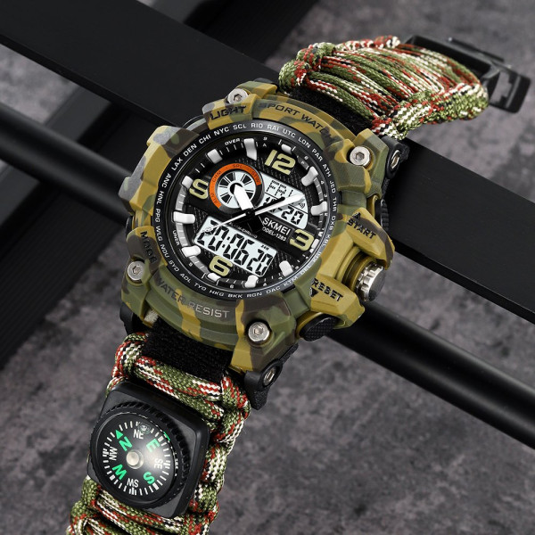 Мужские тактические часы Skmei 1283NCMAG Camo Green с компасом и паракордом