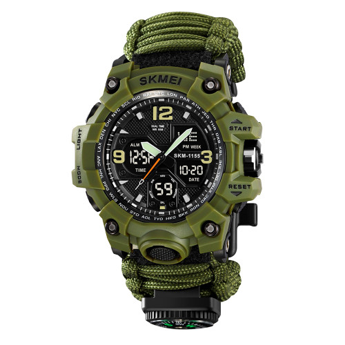 Чоловічий тактичний годинник Skmei 1155BNAG Army Green 5 ATM з паракордом