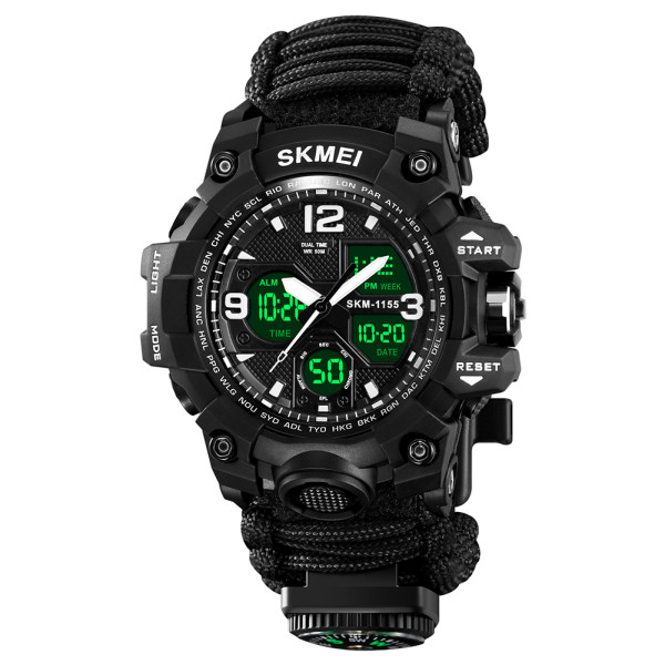 Чоловічий тактичний годинник Skmei 1155BNBK Black з ремінцем з паракорду