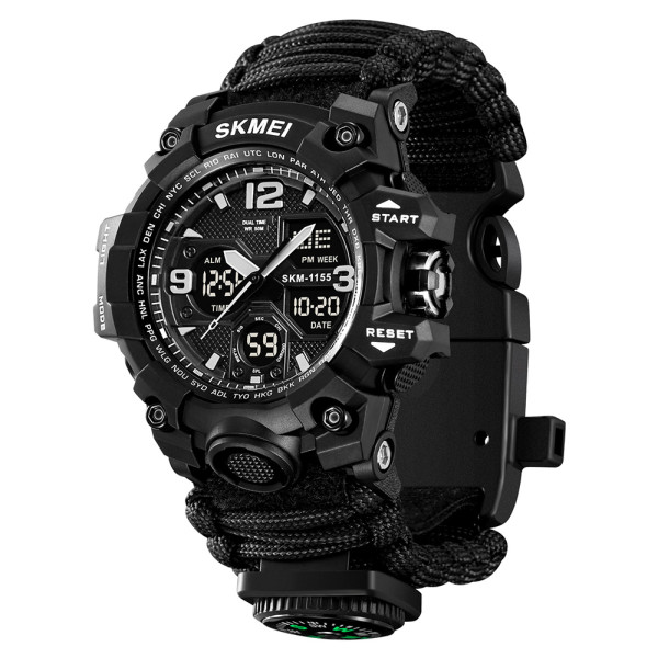 Чоловічий тактичний годинник Skmei 1155BNBK Black з ремінцем з паракорду