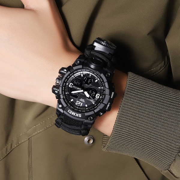 Чоловічий тактичний годинник Skmei 1155BNBK Black з ремінцем з паракорду
