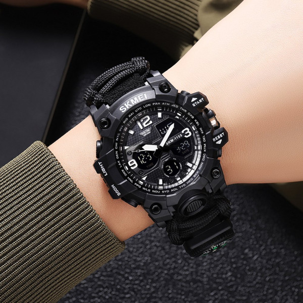 Чоловічий тактичний годинник Skmei 1155BNBK Black з ремінцем з паракорду
