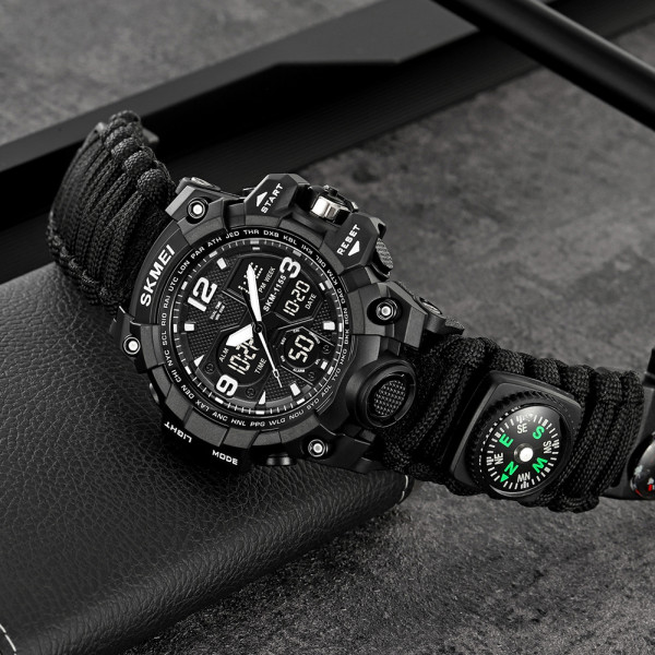 Чоловічий тактичний годинник Skmei 1155BNBK Black з ремінцем з паракорду
