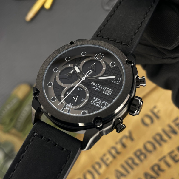 Мужские часы Awarder 016 Black с хронографом и кожаным корешком