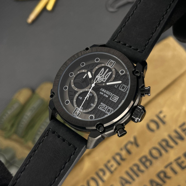 Мужские часы Awarder 016 Тризуб серебро All Black с кожаным корешком