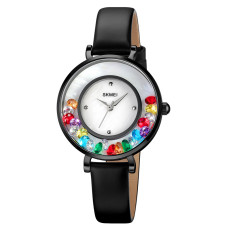 Женские кварцевые часы Skmei 2041BK Black с кожаным ремешком