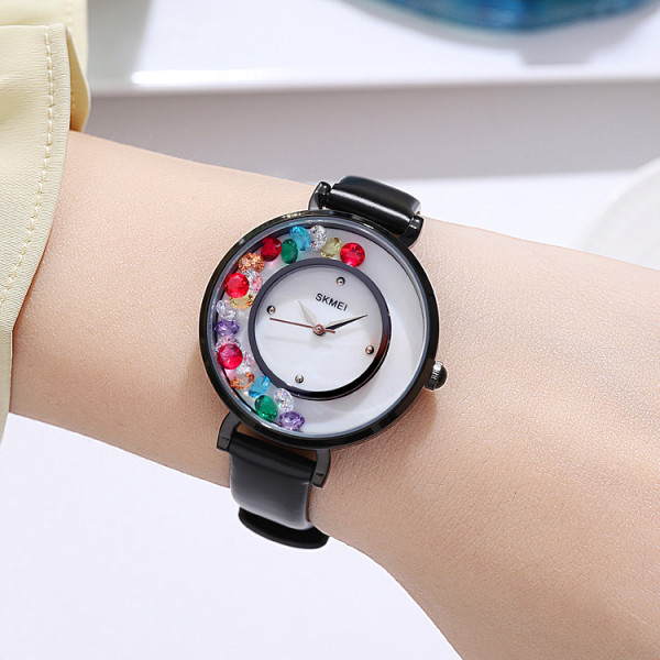 Жіночий кварцовий годинник Skmei 2041BK Black з шкіряним ремінцем