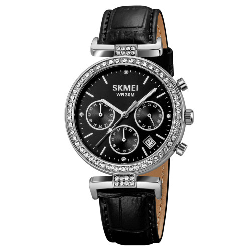 Женские часы Skmei 2089SIBK Silver-Black с хронографом и кожаным корешком