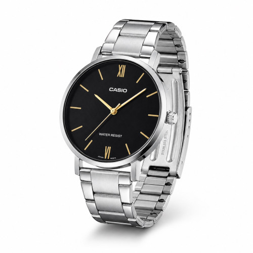 Жіночий годинник Casio LTP-VT01D-1B з чорним циферблатом та металевим браслетом