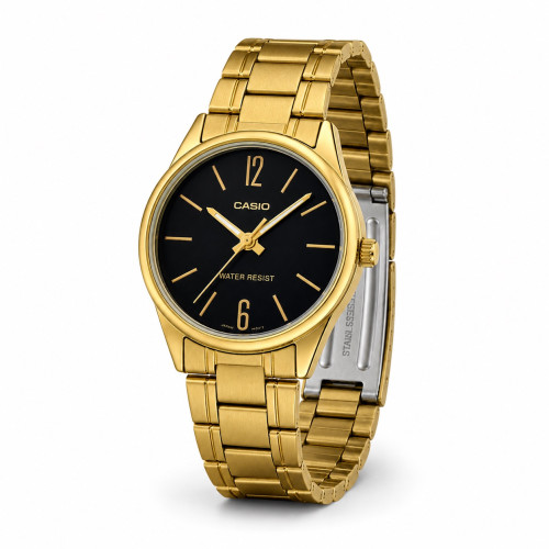 Женские часы Casio LTP-V005G-1B кварцевые золотистые с черным циферблатом