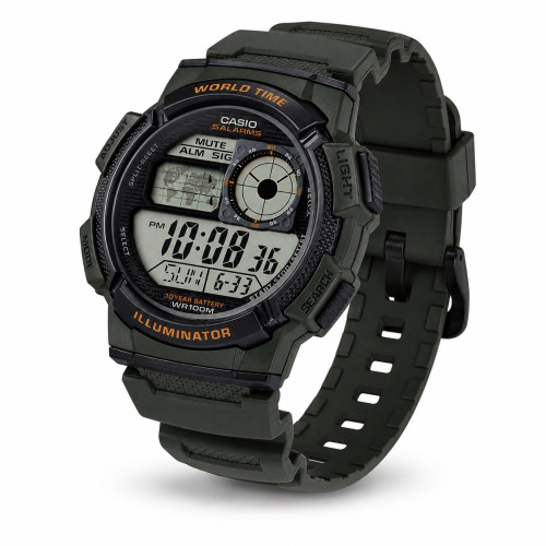 Мужские электронные часы Casio AE-1000W-3A зеленые 10 ATM