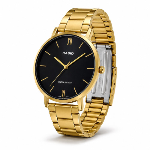 Женские часы Casio LTP-VT01G-1B с золотистым браслетом и черным циферблатом