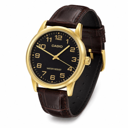 Чоловічий годинник Casio MTP-V001GL-1B з золотистим корпусом та шкіряним ремінцем