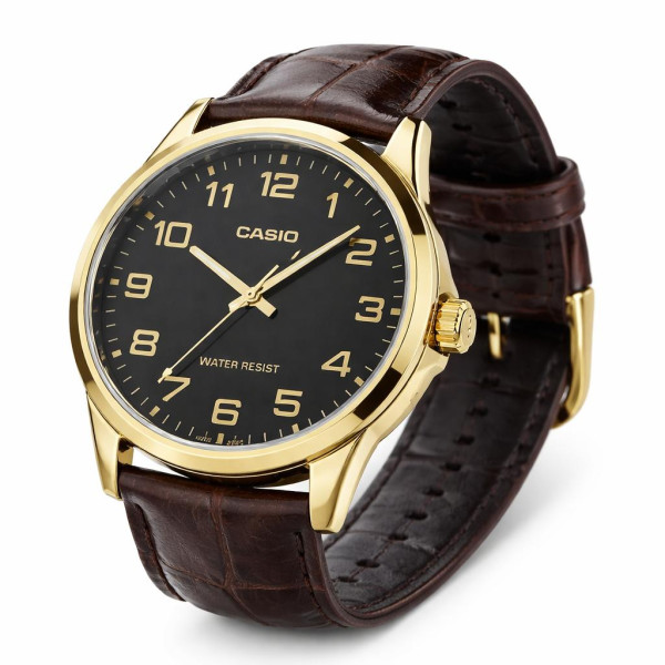 Чоловічий годинник Casio MTP-V001GL-1B з золотистим корпусом та шкіряним ремінцем