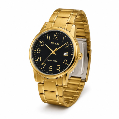 Мужские часы Casio MTP-V002G-1B кварцевые золотистые с черным циферблатом