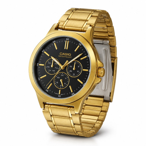 Мужские часы Casio MTP-V300G-1A кварцевые золотистые с черным циферблатом