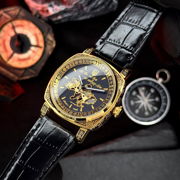 Чоловічий механічний годинник Awarder 021 Де би не був Gold-Black зі шкіряним ремінцем