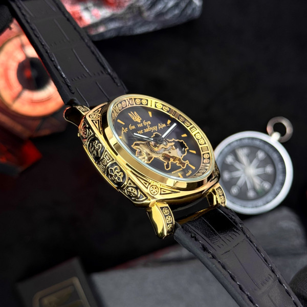 Чоловічий механічний годинник Awarder 021 Де би не був Gold-Black зі шкіряним ремінцем