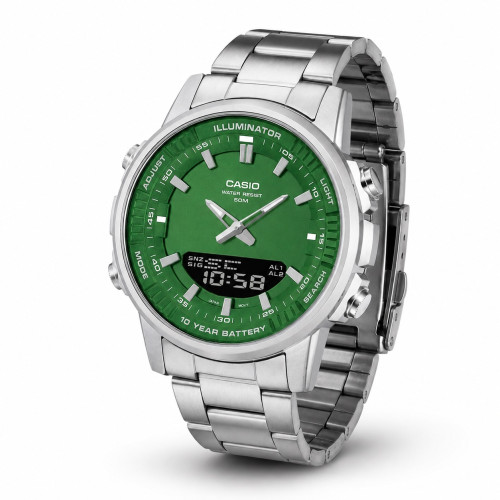 Мужские часы Casio AMW-880D-3A стальные с зеленым циферблатом