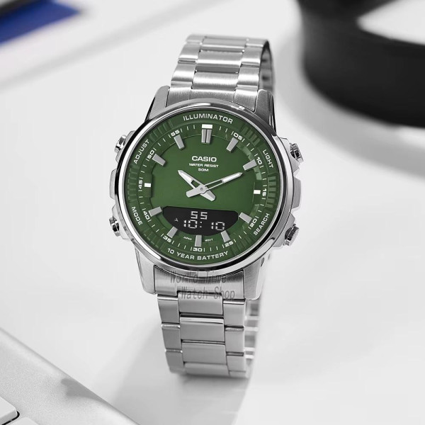 Мужские часы Casio AMW-880D-3A стальные с зеленым циферблатом