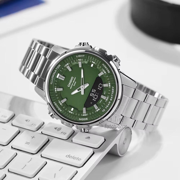 Мужские часы Casio AMW-880D-3A стальные с зеленым циферблатом