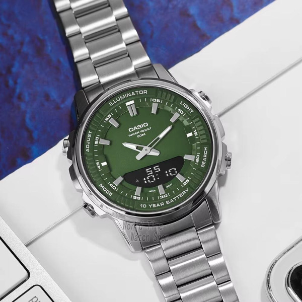 Мужские часы Casio AMW-880D-3A стальные с зеленым циферблатом