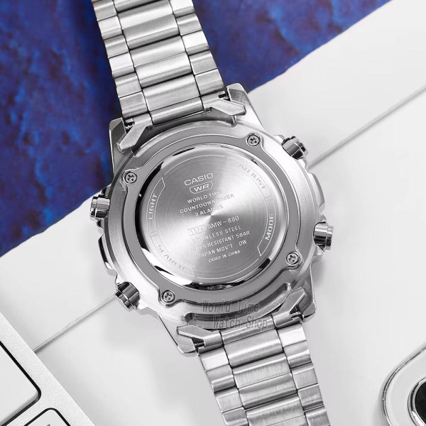 Мужские часы Casio AMW-880D-3A стальные с зеленым циферблатом