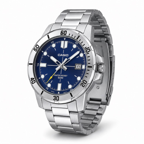 Чоловічий годинник Casio MTP-VD01D-2E кварцовий з синім циферблатом 5 ATM