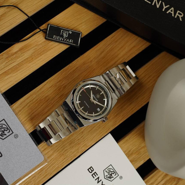 Чоловічий механічний годинник Benyar BY-5203 Silver-Black з автопідзаводом