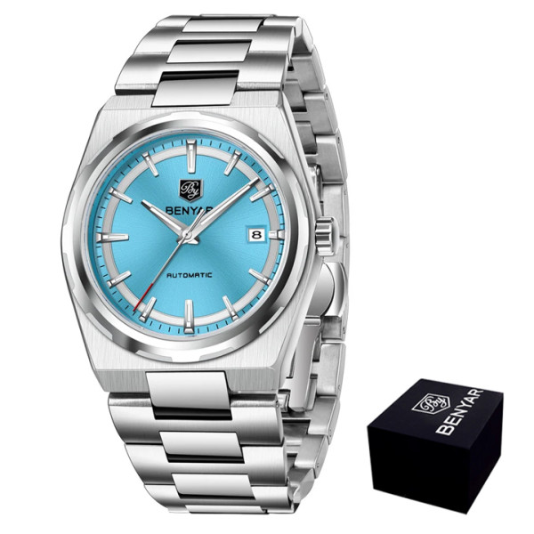Мужские механические часы Benyar BY-5203 Silver-Light Blue с автоподзаводом