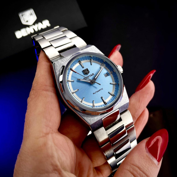 Мужские механические часы Benyar BY-5203 Silver-Light Blue с автоподзаводом