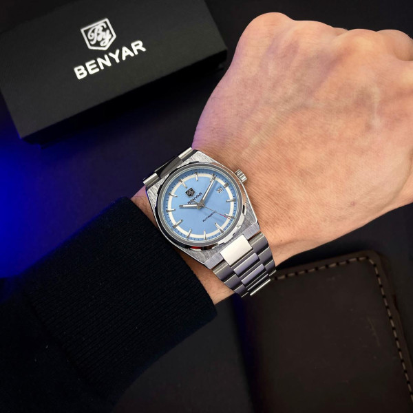 Мужские механические часы Benyar BY-5203 Silver-Light Blue с автоподзаводом