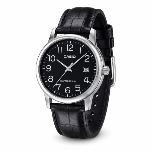 Чоловічий годинник Casio MTP-V002L-1B кварцовий з чорним шкіряним ремінцем