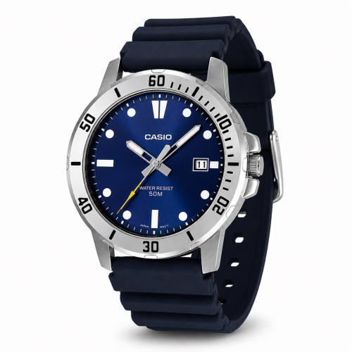 Чоловічий годинник Casio MTP-VD01-2E кварцовий з синім циферблатом 5 ATM