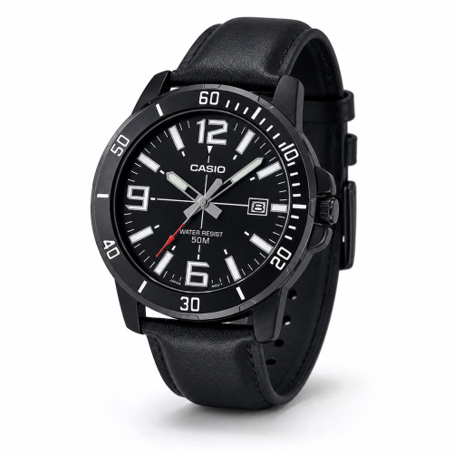 Мужские кварцевые часы Casio MTP-VD01BL-1B 5 ATM с кожаным ремешком
