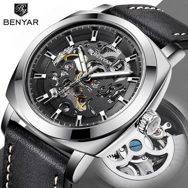 Мужские механические часы Benyar BY-5121 Silver с кожаным ремешком