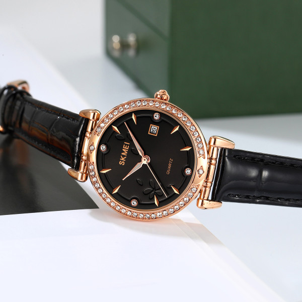 Женские часы Skmei 2169RGBK Rose Gold-Black классические кожаный ремешок