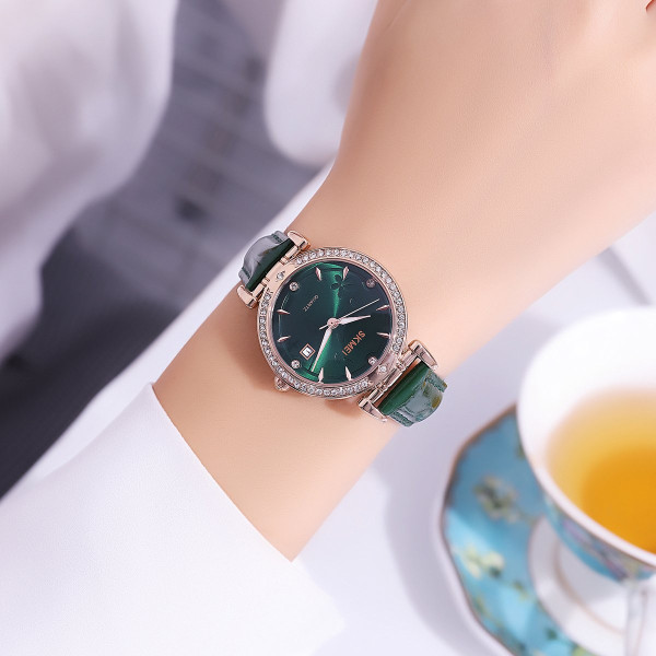 Жіночий годинник Skmei 2169RGGN Rose Gold-Green кварцовий шкіряний ремінець