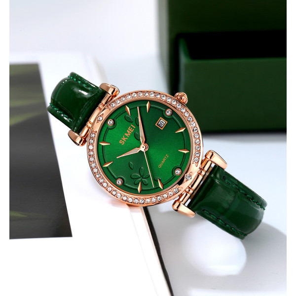 Жіночий годинник Skmei 2169RGGN Rose Gold-Green кварцовий шкіряний ремінець
