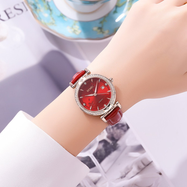 Жіночий годинник Skmei 2169RGRD Rose Gold-Red шкіряний ремінець