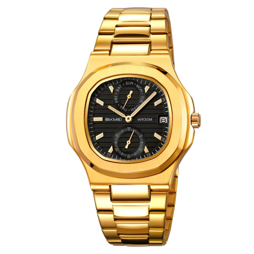 Мужские кварцевые часы Skmei 2423GD Gold со стальным браслетом