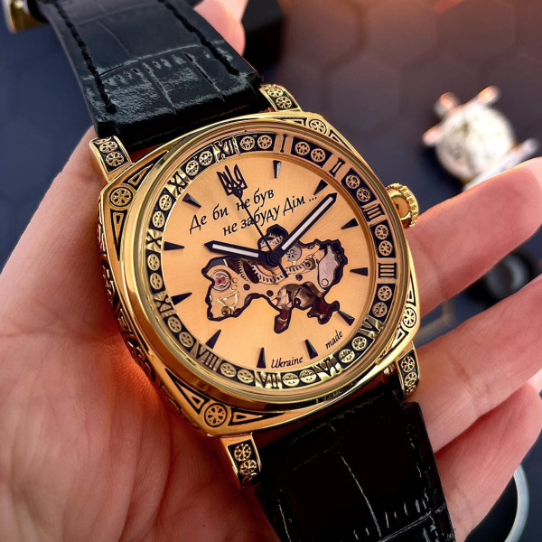 Мужские механические часы Awarder 021-3D Де би не був Gold-Black с кожаным корешком