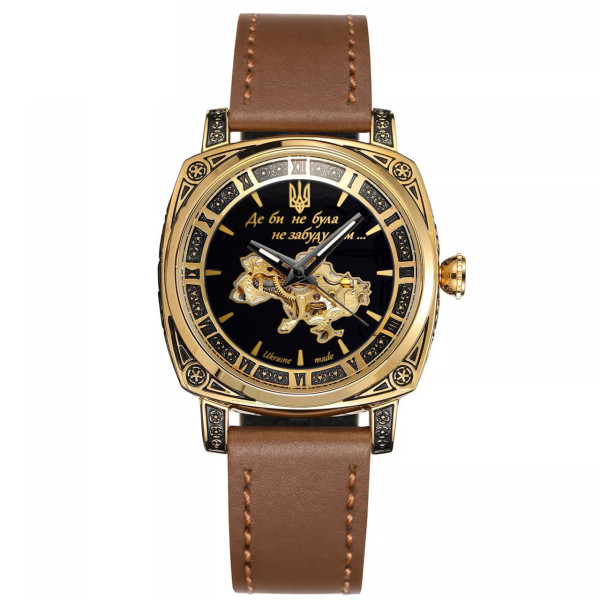 Женские механические часы Awarder 021 Де би не була Gold-Black-Brown с кожаным ремешком