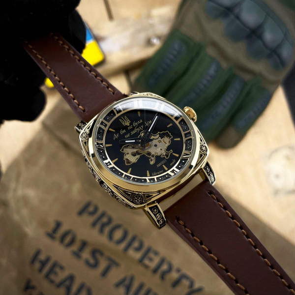 Женские механические часы Awarder 021 Де би не була Gold-Black-Brown с кожаным ремешком